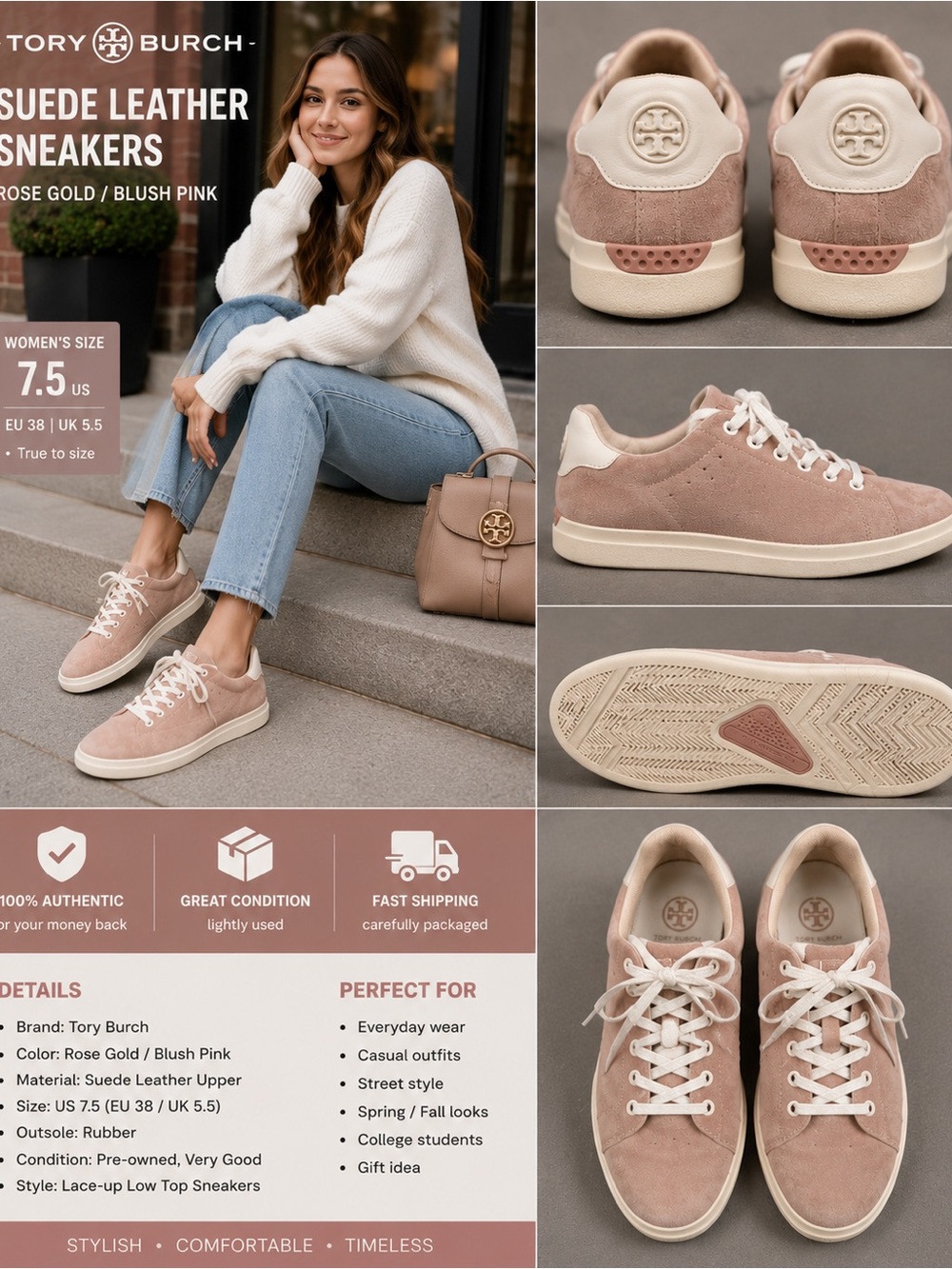 Tory Burch Rose Gold/Blush Pink Suede Low-Top Sneakers